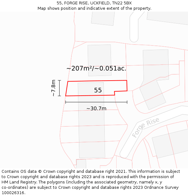 55, FORGE RISE, UCKFIELD, TN22 5BX: Plot and title map