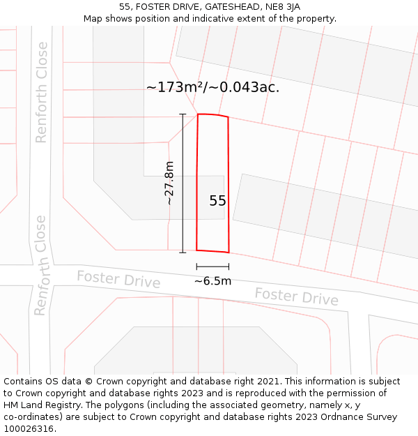 55, FOSTER DRIVE, GATESHEAD, NE8 3JA: Plot and title map