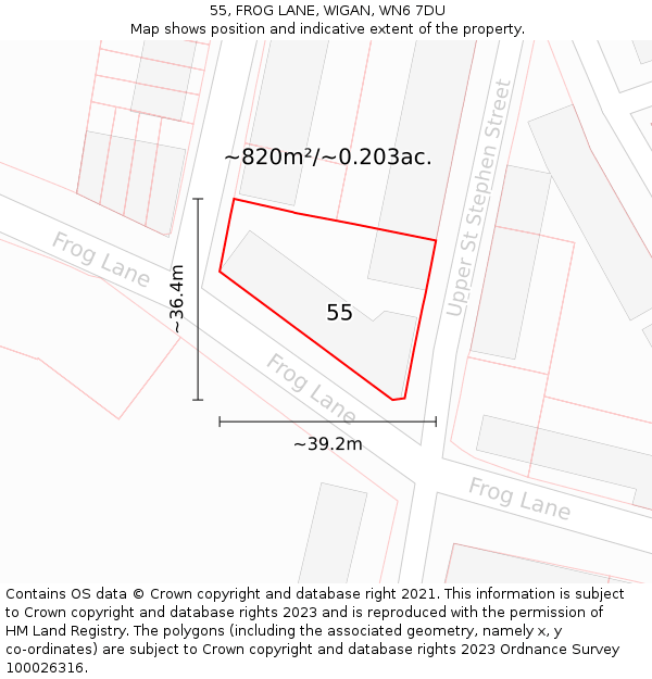 55, FROG LANE, WIGAN, WN6 7DU: Plot and title map