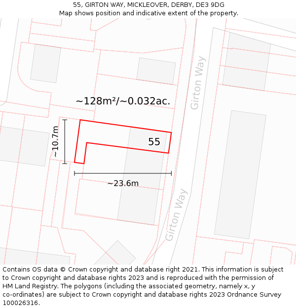 55, GIRTON WAY, MICKLEOVER, DERBY, DE3 9DG: Plot and title map