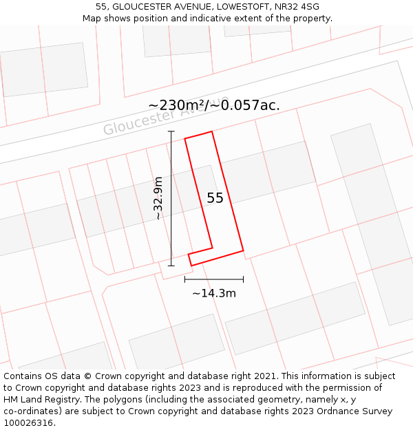 55, GLOUCESTER AVENUE, LOWESTOFT, NR32 4SG: Plot and title map