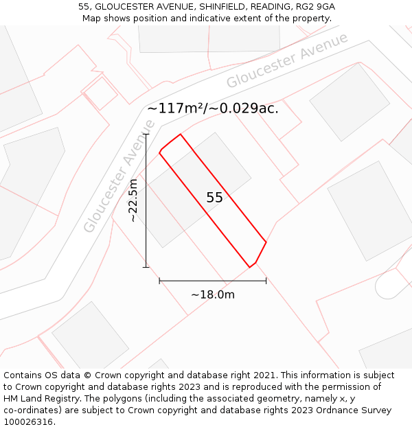 55, GLOUCESTER AVENUE, SHINFIELD, READING, RG2 9GA: Plot and title map