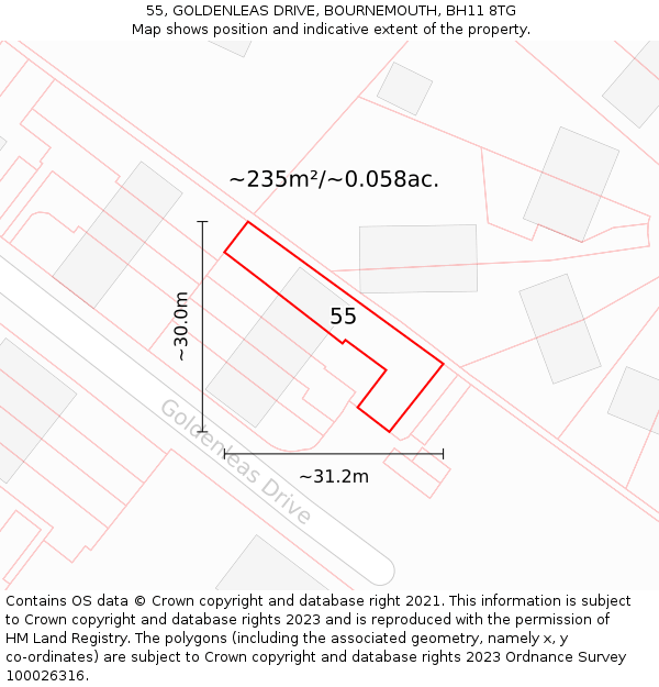 55, GOLDENLEAS DRIVE, BOURNEMOUTH, BH11 8TG: Plot and title map