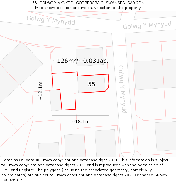55, GOLWG Y MYNYDD, GODRERGRAIG, SWANSEA, SA9 2DN: Plot and title map