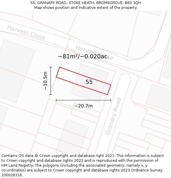 55, GRANARY ROAD, STOKE HEATH, BROMSGROVE, B60 3QH: Plot and title map