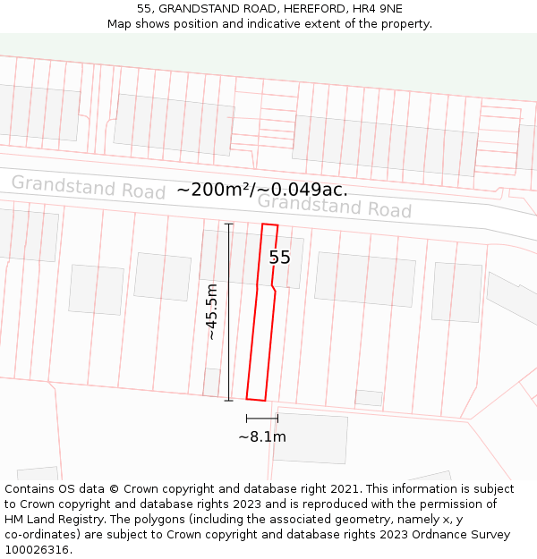 55, GRANDSTAND ROAD, HEREFORD, HR4 9NE: Plot and title map