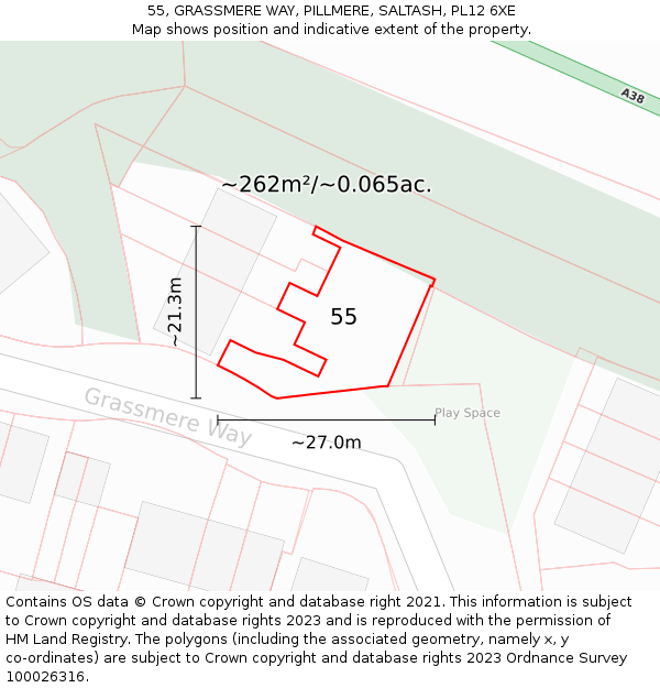 55, GRASSMERE WAY, PILLMERE, SALTASH, PL12 6XE: Plot and title map