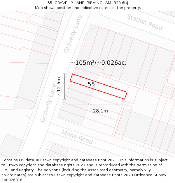 55, GRAVELLY LANE, BIRMINGHAM, B23 6UJ: Plot and title map