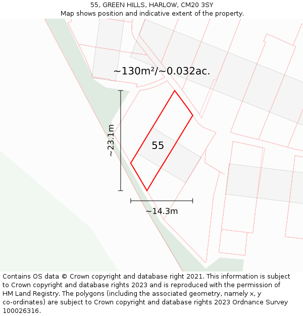 55, GREEN HILLS, HARLOW, CM20 3SY: Plot and title map