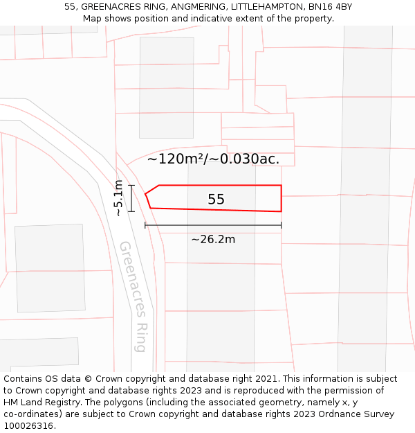 55, GREENACRES RING, ANGMERING, LITTLEHAMPTON, BN16 4BY: Plot and title map