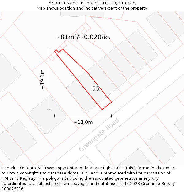 55, GREENGATE ROAD, SHEFFIELD, S13 7QA: Plot and title map