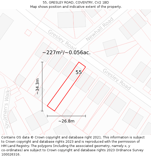 55, GRESLEY ROAD, COVENTRY, CV2 1BD: Plot and title map
