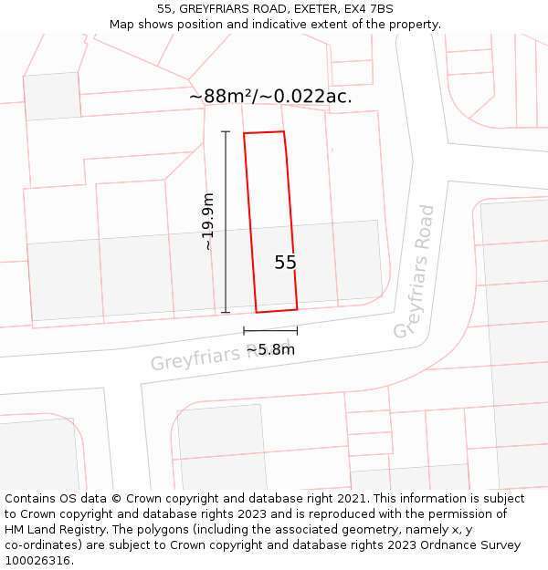 55, GREYFRIARS ROAD, EXETER, EX4 7BS: Plot and title map