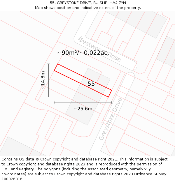 55, GREYSTOKE DRIVE, RUISLIP, HA4 7YN: Plot and title map