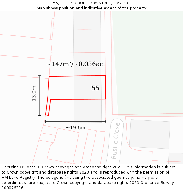 55, GULLS CROFT, BRAINTREE, CM7 3RT: Plot and title map