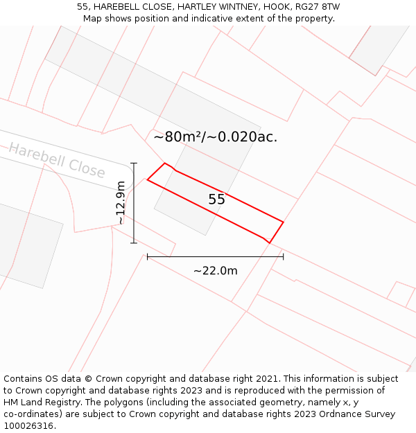 55, HAREBELL CLOSE, HARTLEY WINTNEY, HOOK, RG27 8TW: Plot and title map