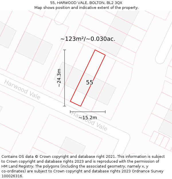 55, HARWOOD VALE, BOLTON, BL2 3QX: Plot and title map