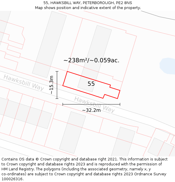 55, HAWKSBILL WAY, PETERBOROUGH, PE2 8NS: Plot and title map