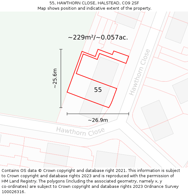 55, HAWTHORN CLOSE, HALSTEAD, CO9 2SF: Plot and title map