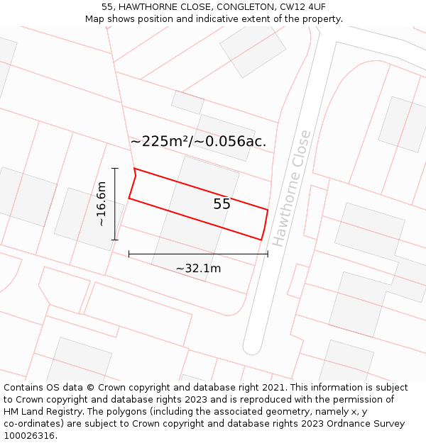 55, HAWTHORNE CLOSE, CONGLETON, CW12 4UF: Plot and title map
