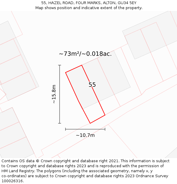 55, HAZEL ROAD, FOUR MARKS, ALTON, GU34 5EY: Plot and title map