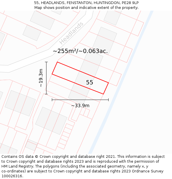 55, HEADLANDS, FENSTANTON, HUNTINGDON, PE28 9LP: Plot and title map