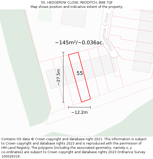 55, HEDGEROW CLOSE, REDDITCH, B98 7QF: Plot and title map