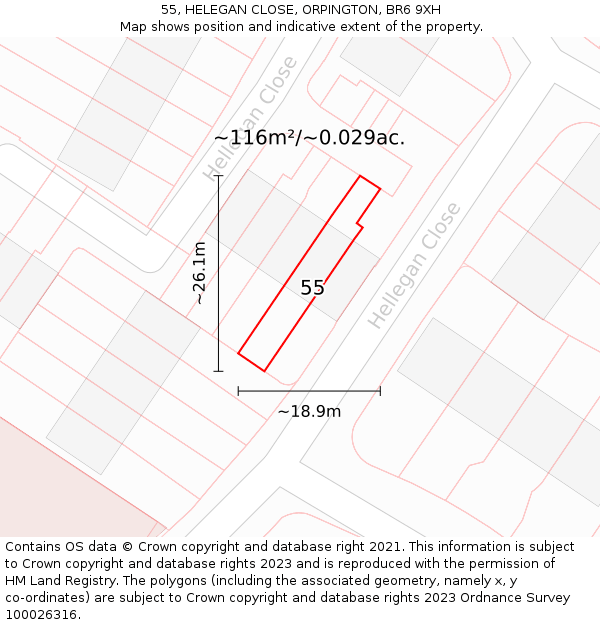 55, HELEGAN CLOSE, ORPINGTON, BR6 9XH: Plot and title map