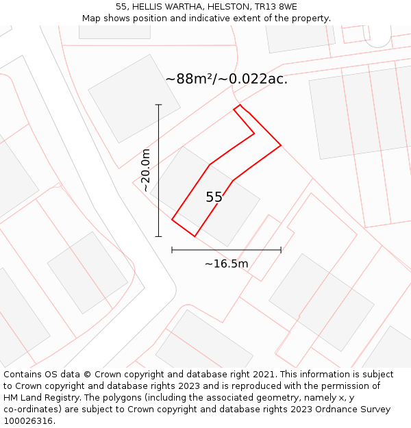 55, HELLIS WARTHA, HELSTON, TR13 8WE: Plot and title map