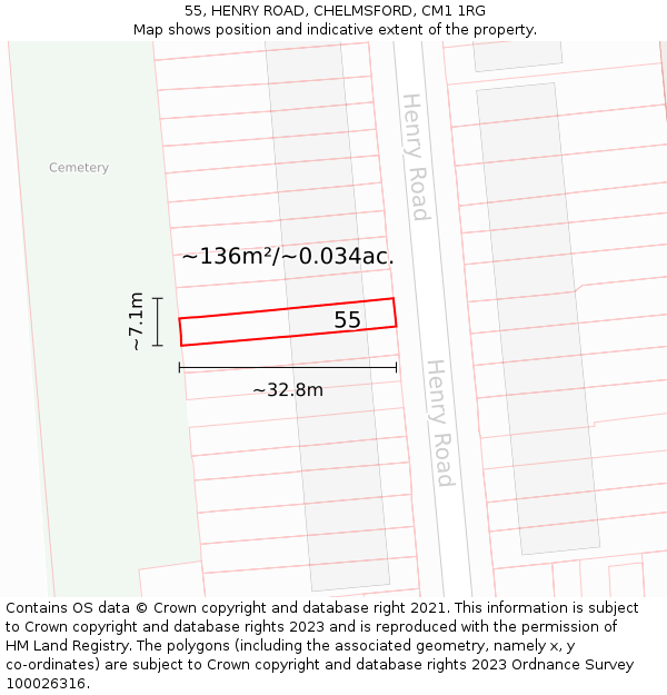 55, HENRY ROAD, CHELMSFORD, CM1 1RG: Plot and title map