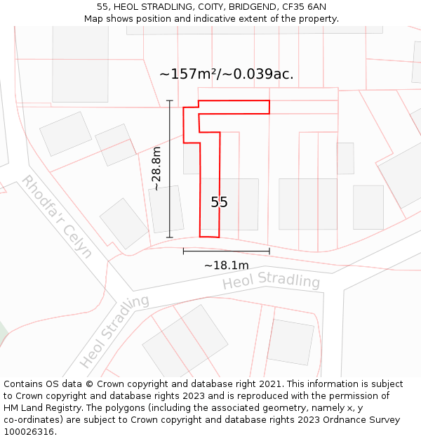 55, HEOL STRADLING, COITY, BRIDGEND, CF35 6AN: Plot and title map