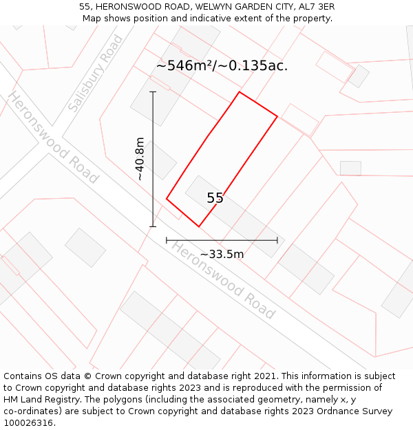 55, HERONSWOOD ROAD, WELWYN GARDEN CITY, AL7 3ER: Plot and title map