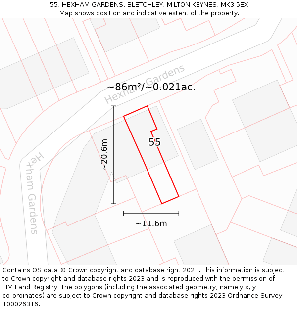 55, HEXHAM GARDENS, BLETCHLEY, MILTON KEYNES, MK3 5EX: Plot and title map