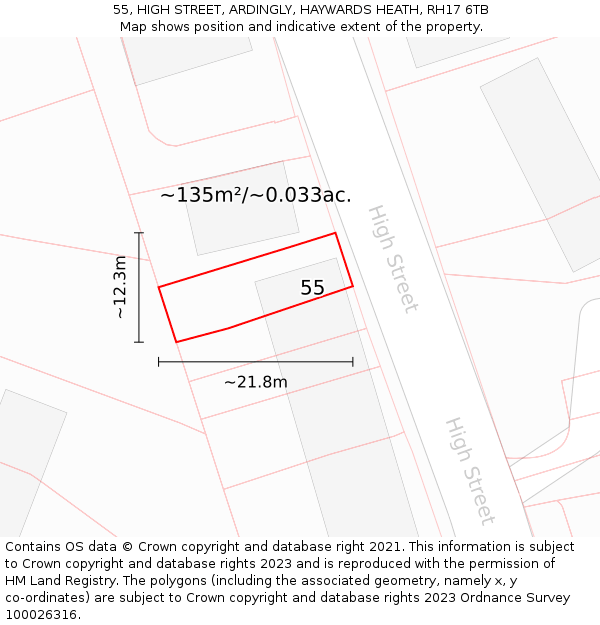 55, HIGH STREET, ARDINGLY, HAYWARDS HEATH, RH17 6TB: Plot and title map
