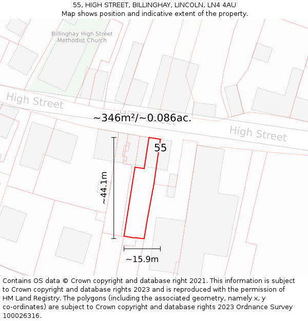 55, HIGH STREET, BILLINGHAY, LINCOLN, LN4 4AU: Plot and title map