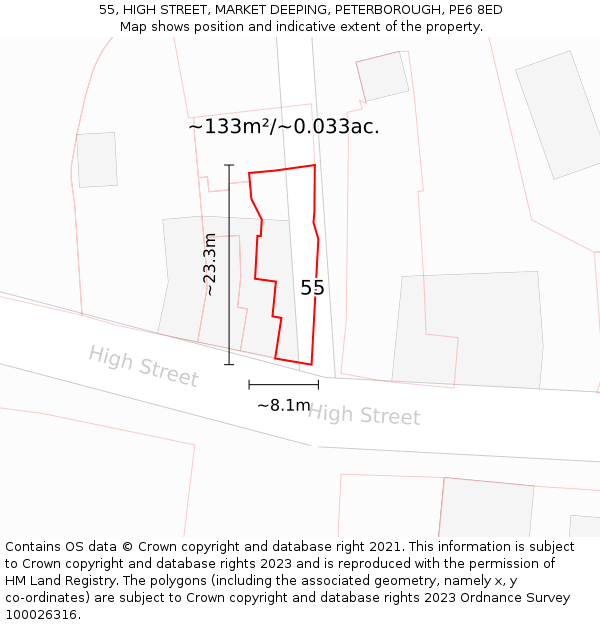 55, HIGH STREET, MARKET DEEPING, PETERBOROUGH, PE6 8ED: Plot and title map