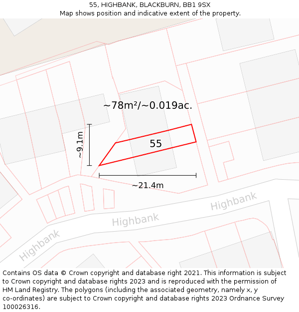 55, HIGHBANK, BLACKBURN, BB1 9SX: Plot and title map