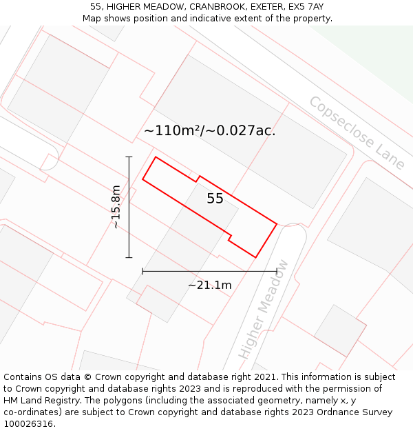 55, HIGHER MEADOW, CRANBROOK, EXETER, EX5 7AY: Plot and title map