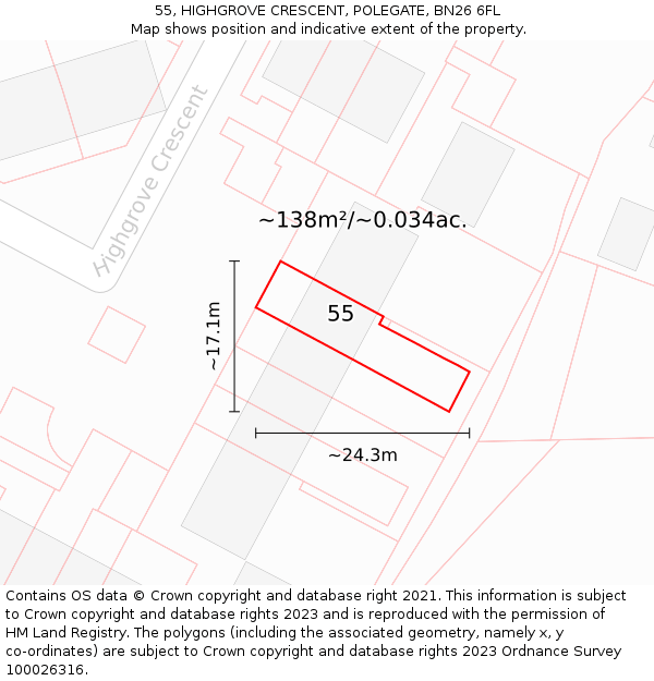 55, HIGHGROVE CRESCENT, POLEGATE, BN26 6FL: Plot and title map