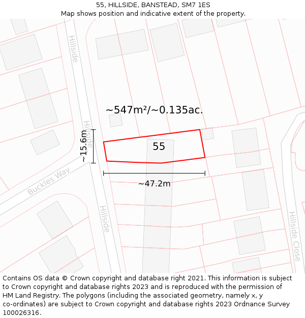 55, HILLSIDE, BANSTEAD, SM7 1ES: Plot and title map