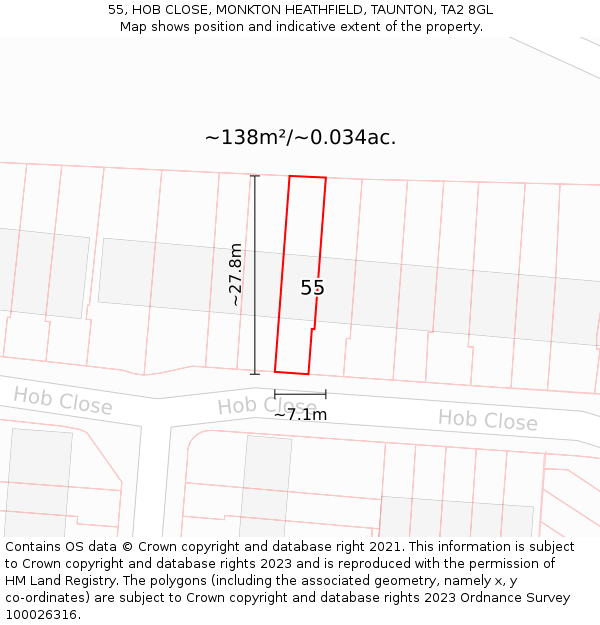 55, HOB CLOSE, MONKTON HEATHFIELD, TAUNTON, TA2 8GL: Plot and title map