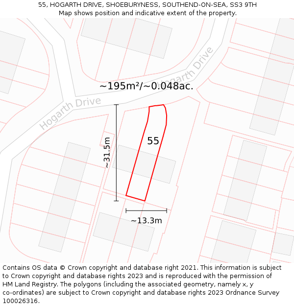 55, HOGARTH DRIVE, SHOEBURYNESS, SOUTHEND-ON-SEA, SS3 9TH: Plot and title map