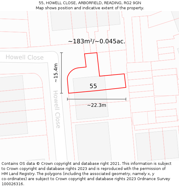 55, HOWELL CLOSE, ARBORFIELD, READING, RG2 9GN: Plot and title map