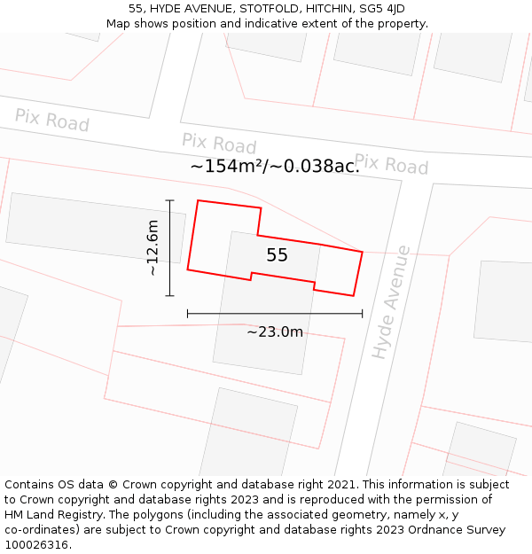 55, HYDE AVENUE, STOTFOLD, HITCHIN, SG5 4JD: Plot and title map