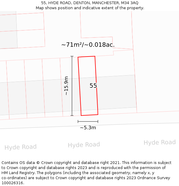 55, HYDE ROAD, DENTON, MANCHESTER, M34 3AQ: Plot and title map
