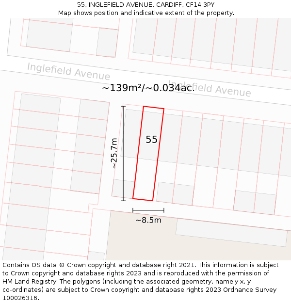 55, INGLEFIELD AVENUE, CARDIFF, CF14 3PY: Plot and title map