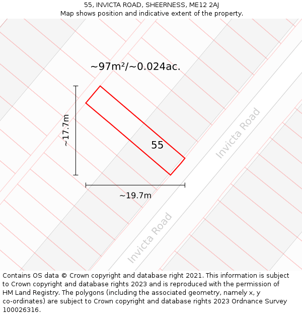 55, INVICTA ROAD, SHEERNESS, ME12 2AJ: Plot and title map