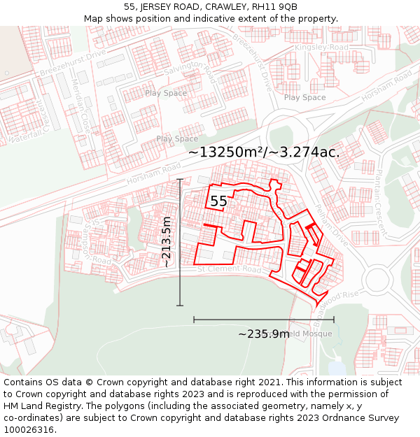 55, JERSEY ROAD, CRAWLEY, RH11 9QB: Plot and title map