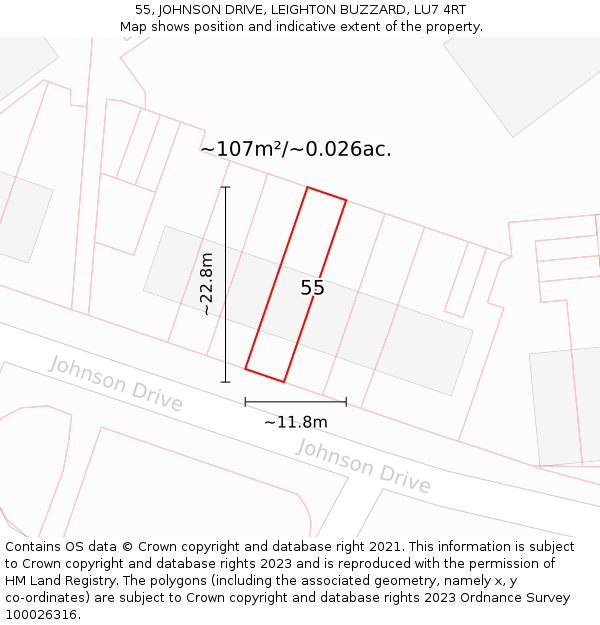 55, JOHNSON DRIVE, LEIGHTON BUZZARD, LU7 4RT: Plot and title map