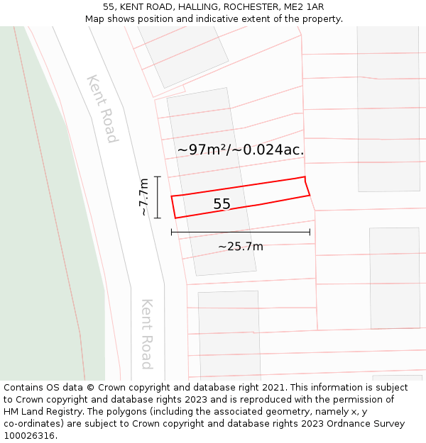 55, KENT ROAD, HALLING, ROCHESTER, ME2 1AR: Plot and title map